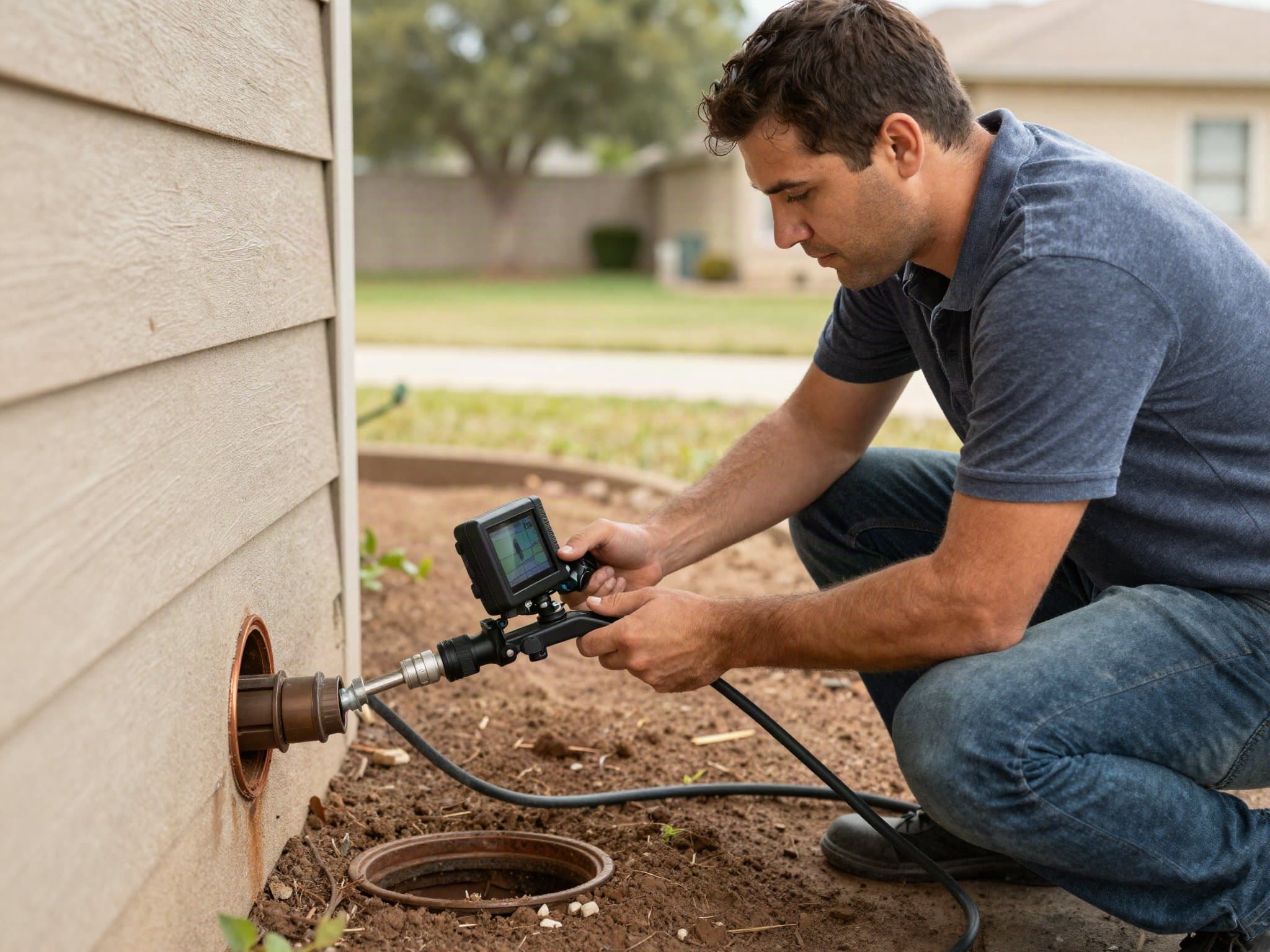 Plumber running a video camera inspection through a sewer cleanout