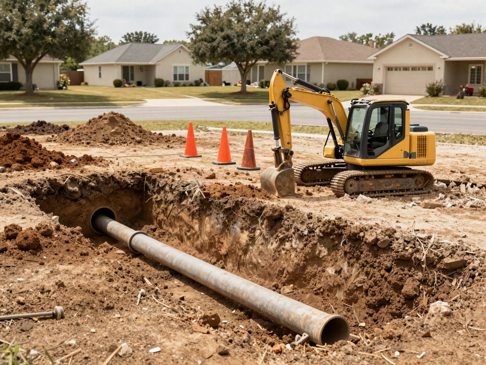 Open-trench excavation crew replacing a residential sewer lateral