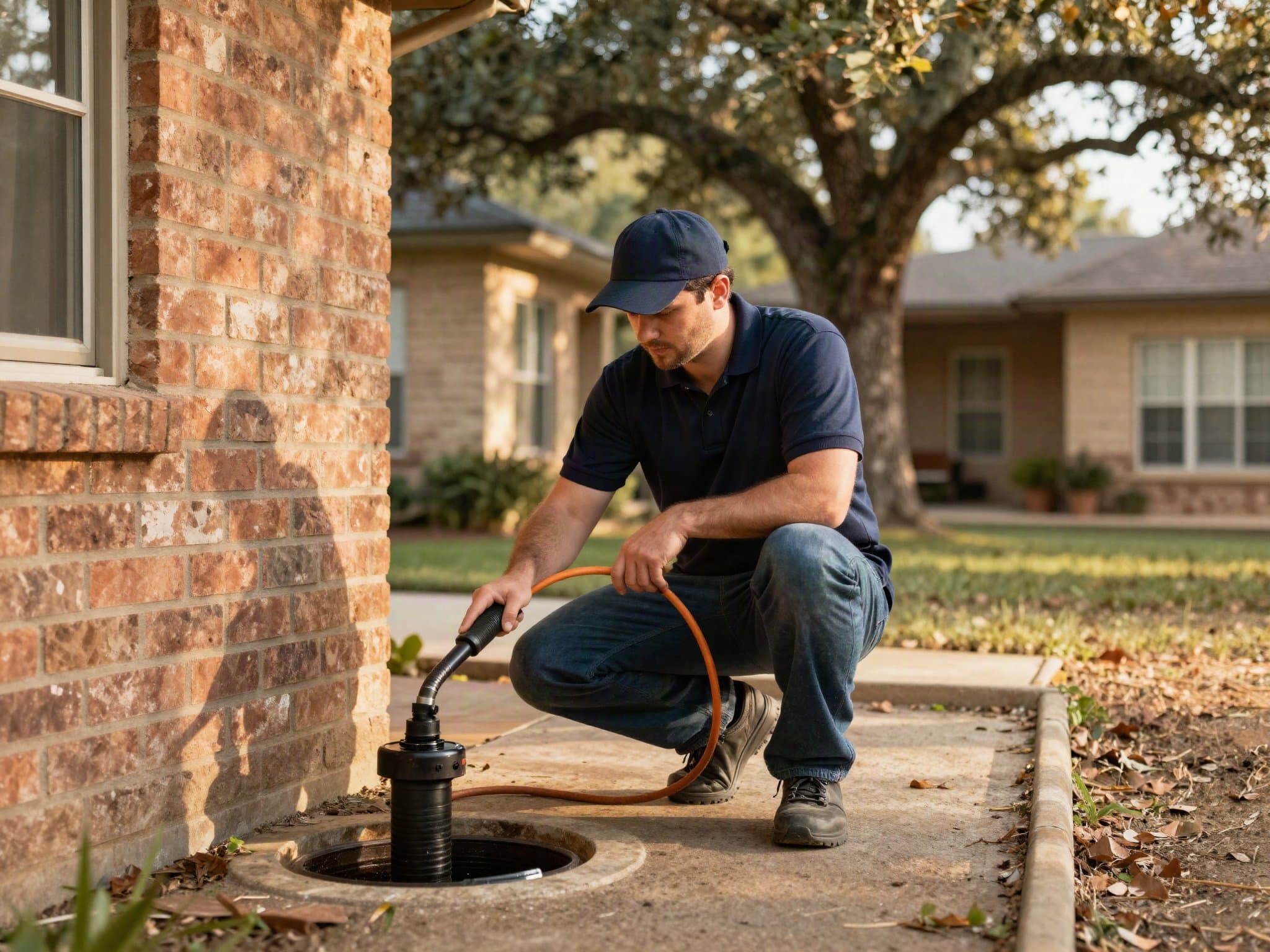 Plumber inspecting a residential sewer line cleanout
