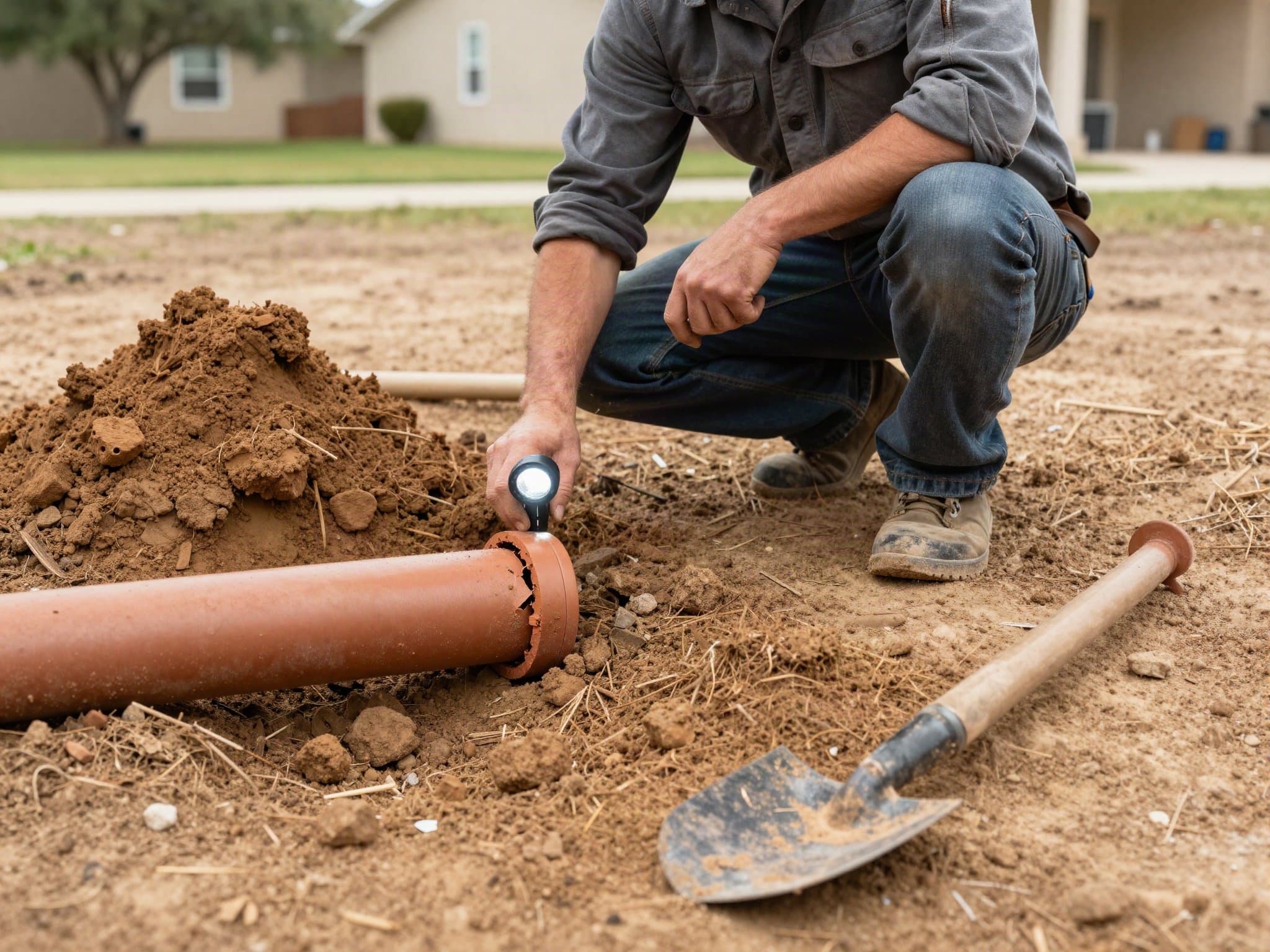 Plumber evaluating a section of exposed sewer pipe