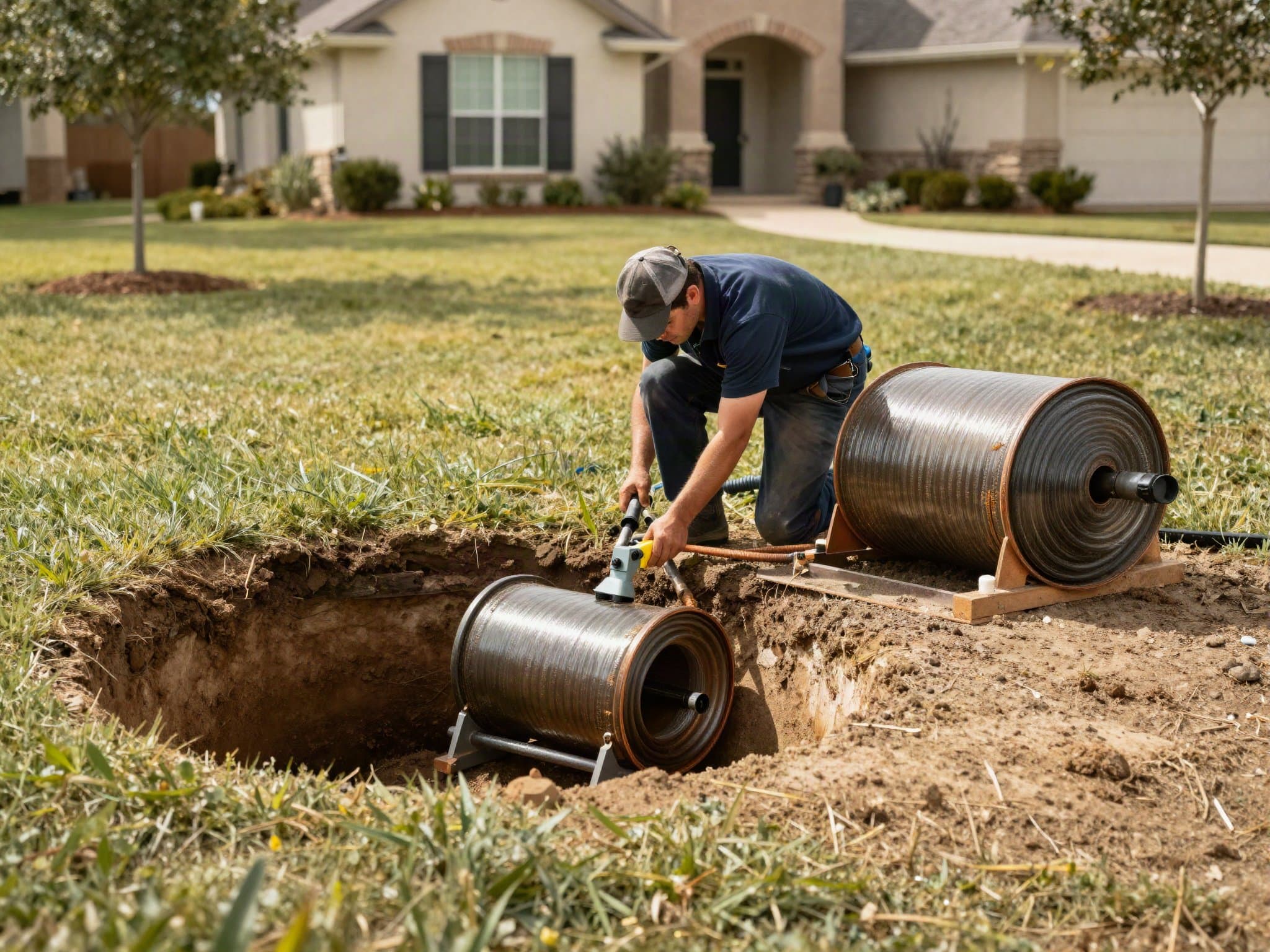 Trenchless CIPP pipe lining equipment staged at a residential access pit